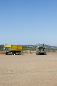 field views with a tractor and trailer to work in the field